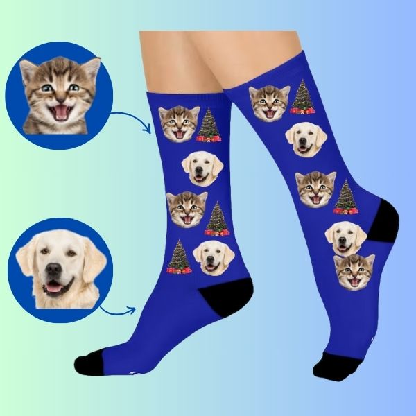 Custom Pet Face Socks with Christmas Tree Design - Unique Holiday Gift