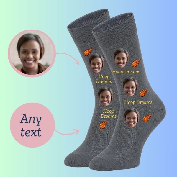 Personalized Basketball Face Socks – Custom Flaming Hoop Dreams Design