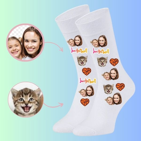 Custom Cat Face Socks Personalized Basketball Socks-Mom and daughter