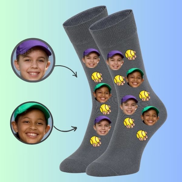 Personalized Face Socks Custom Softball Socks with Two Boys' Faces & Balls
