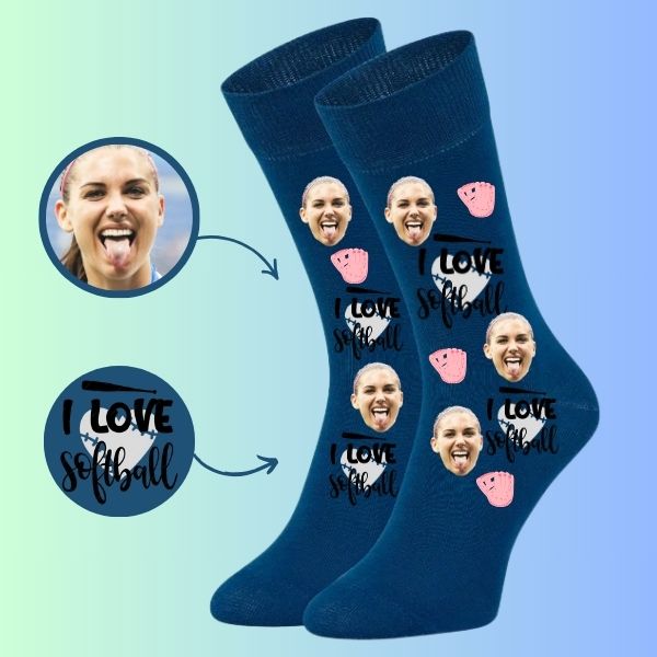 Personalized Socks Custom Softball Face socks with pink gloves--I love softball