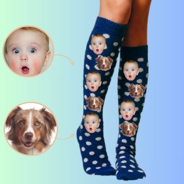 Custom Knee-High Baby Face Dot Socks & Personalized Dog Face Socks