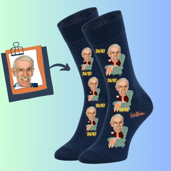 Custom face socks Personalized retirement date socks sitting on sofa