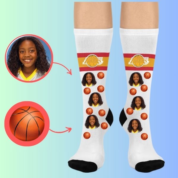 Custom face socks Personalized socks for basketball fans-Lakers