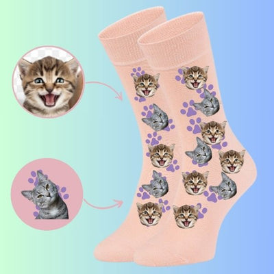 Custom Cat Face socks featuring two Adorable Catsand Cat Paw