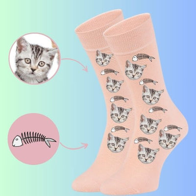 Custom Cat Face Socks with Fish Bone Design - Unique Personalized Footwear